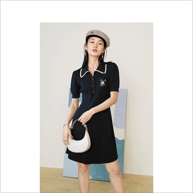 YINER音儿女装夏季赫本风时尚收腰休闲翻领显瘦连衣裙8C62206016