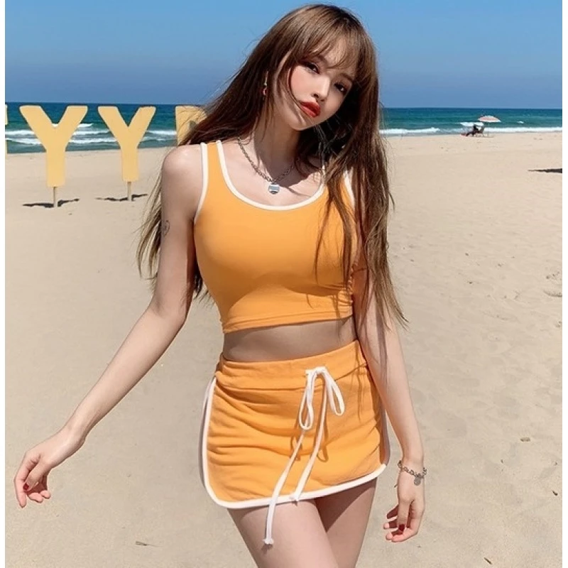 夏季韩版修身露肚棉显瘦背心系带包臀健身运动跑步休闲两件套装女