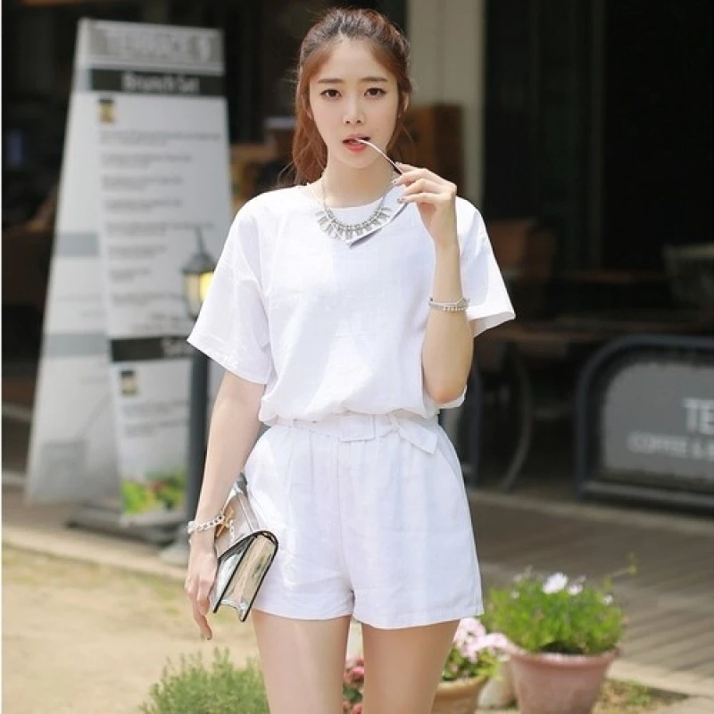 夏季棉麻舒适韩版宽松气质时尚阔腿裤短裤运动休闲两件套装夏装女