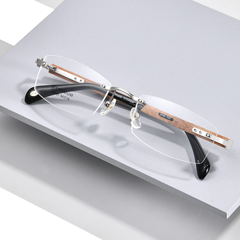 无框复古木质眼镜框男木纹纯钛近视有度数大脸防蓝光辐射平光变色