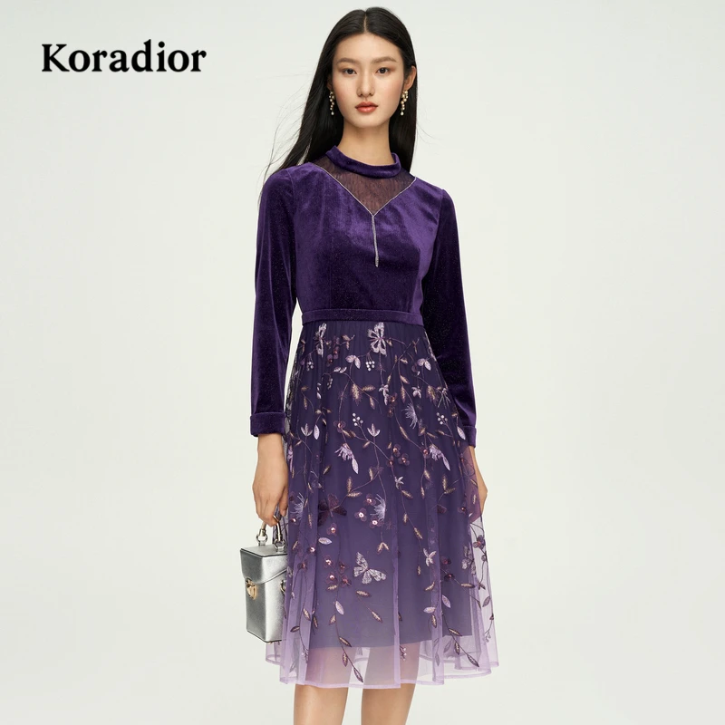 【珂莱蒂尔Koradior】高级感长袖丝绒拼接金丝刺绣连衣裙KF05978