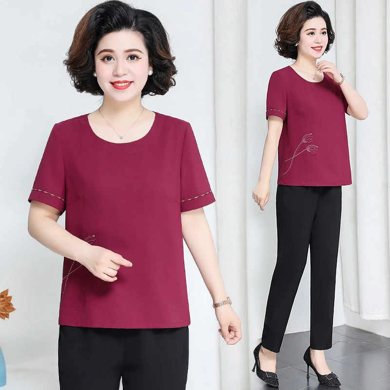 华太太女装胖妈妈夏装加肥加大码套装衬衫夏季短袖上衣服高贵1558