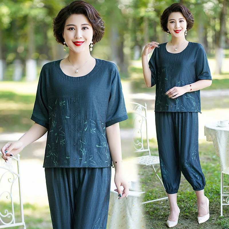 华太太女装妈妈夏装气质套装洋气大码减龄显瘦阔太太两件套裤2313