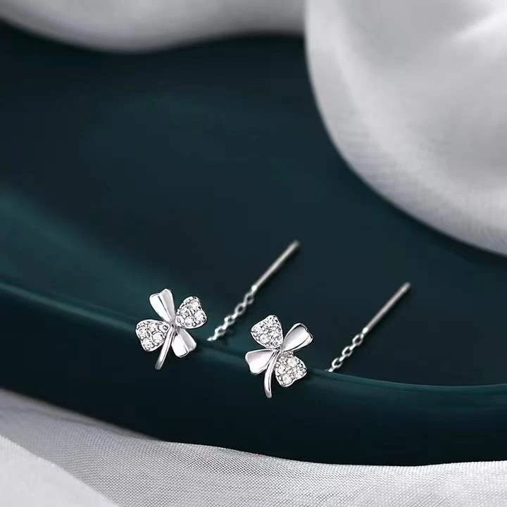 丽沁 925银耳饰 四叶草耳线女轻奢简约气质耳环百搭养耳洞饰品