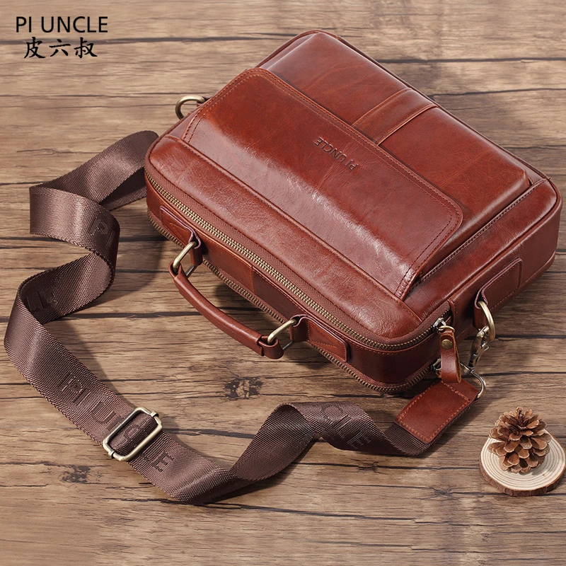 皮六叔真皮男单肩斜挎包商务公文包头层牛皮手提包Ipad平板电脑包
