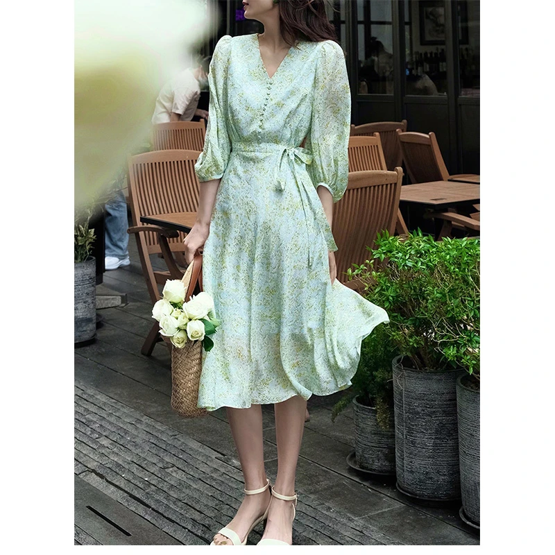 【蒂文特】862078款真丝法式碎花泡泡袖气质收腰显瘦连衣裙