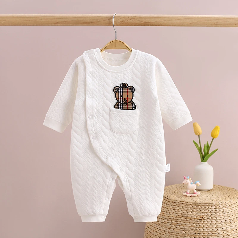 婴儿三层保暖连体衣春秋冬爬服哈衣男女宝宝长袖偏襟无骨外出服