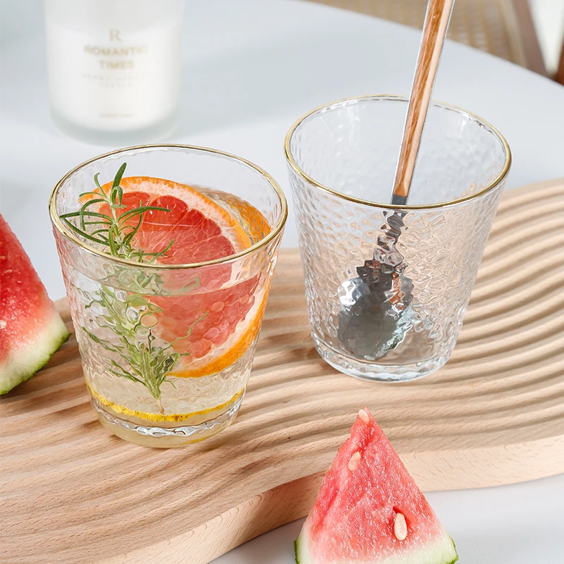 ins网红风高档日式金边锤纹玻璃杯家用喝水杯果汁杯泡茶杯圆形
