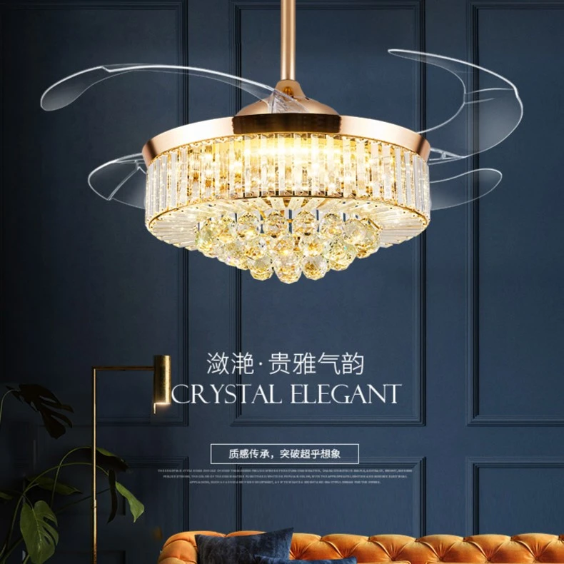 隐形风扇灯现代轻奢水晶家用风扇吊灯简约餐厅卧室风扇灯吊扇灯