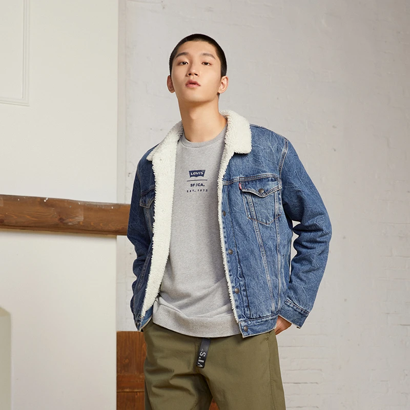 Levi's李维斯秋冬男女同款仿羊羔绒蓝色牛仔夹克外套16365-0162