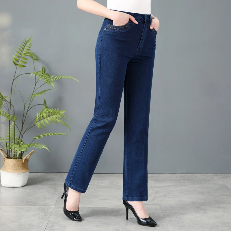 春秋新款大码显瘦牛仔裤女裤高腰直筒长裤弹力棉宽松中老年妈妈裤