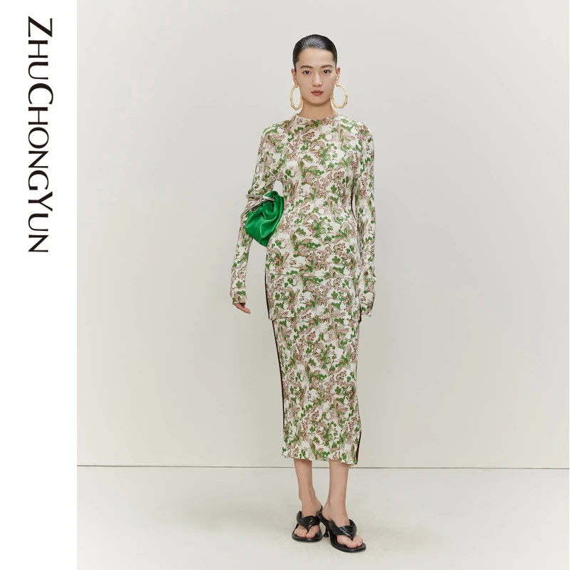 ZHUCHONGYUN款白鹳印花小高领桑蚕丝针织衫女装碎花气质C1CX1762M
