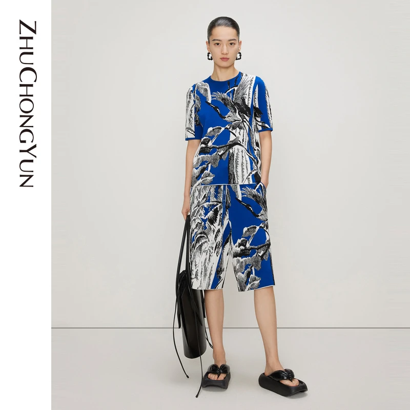 ZHUCHONGYUN上衣女装气质蓝色时尚夏季印花圆领显瘦C1CX2854M休闲