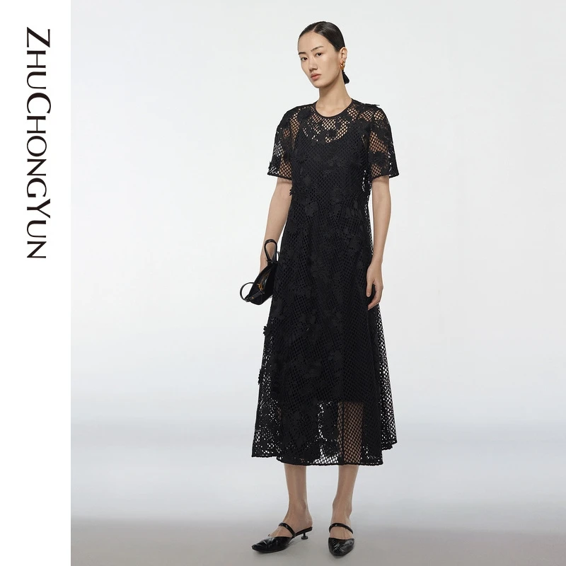 ZHUCHONGYUN21新品镂空拼接黑色夏季圆领短袖蕾丝连衣裙C1BW23706
