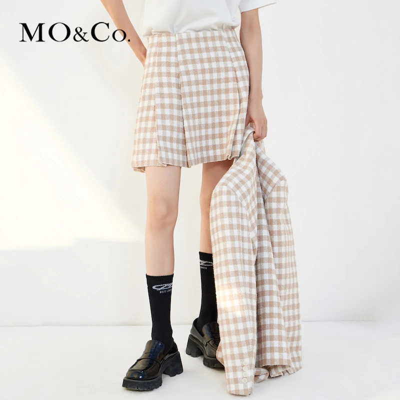 MOCO春季颗粒感格纹压褶高腰半身裙短裙MBB1SKTT06
