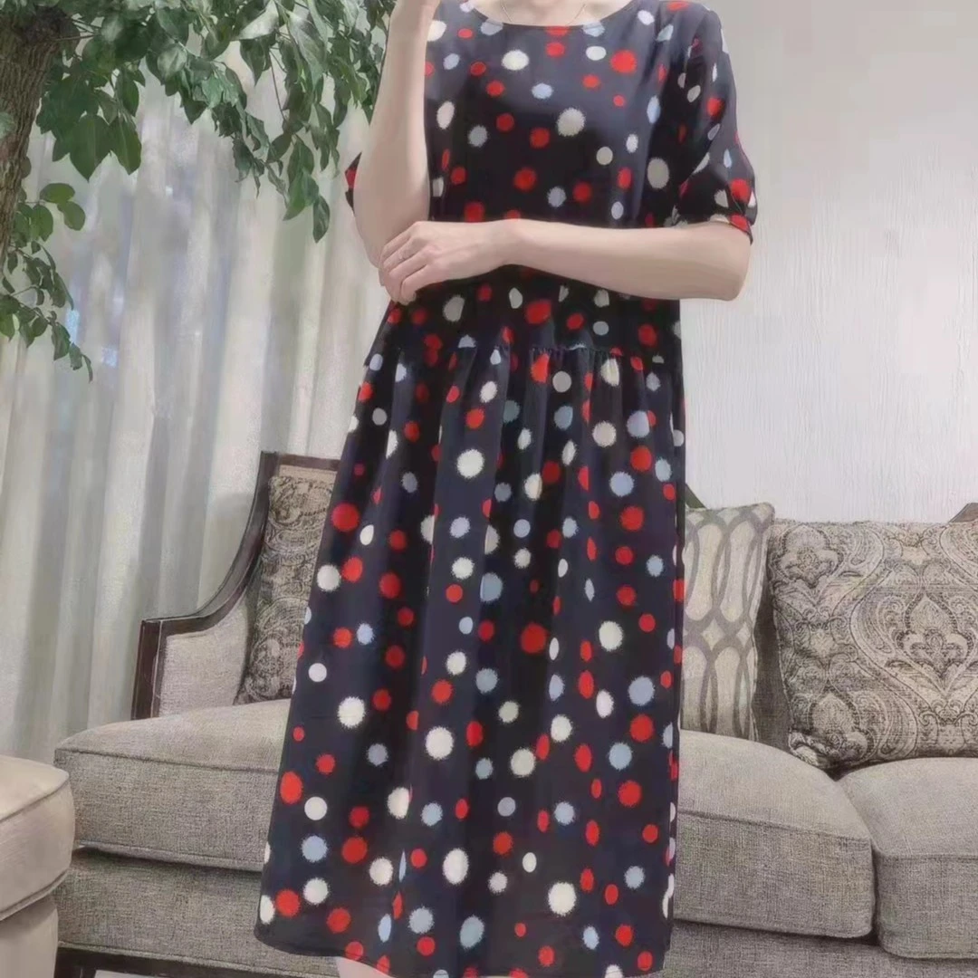 HZ女士藏青波点长款仿真丝连衣裙H22