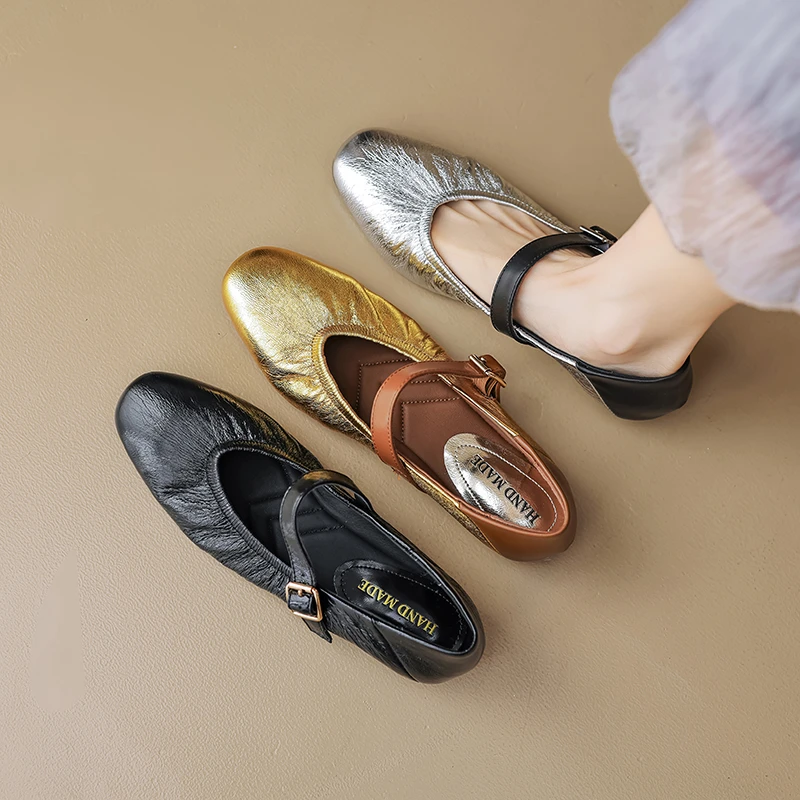 34-43码|1cm平跟|黑/金/银|陈摸鱼圆头浅口一字扣带通勤百搭单鞋