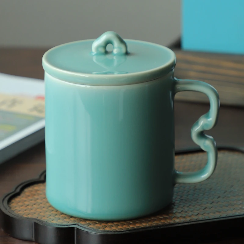 陶瓷茶杯龙泉青瓷家用泡茶杯子天青釉如意办公杯带盖纯色中式水杯