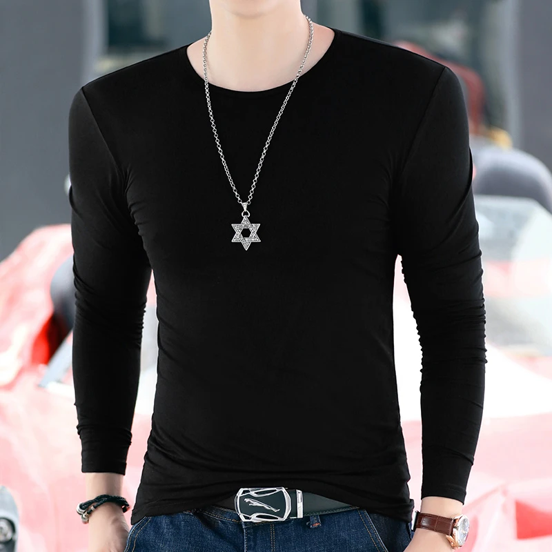 莫代尔打底衫男上衣长袖白色紧身圆领T恤大码修身青年纯色秋衣潮