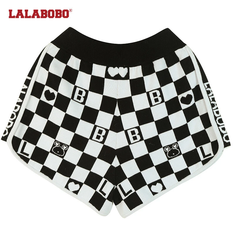 LALABOBO小熊提花棋盘格毛织夏季时尚百搭潮流短裤L22A-WXZD22