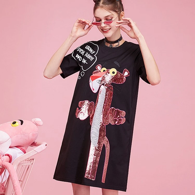石家庄奥莱LALABOBO粉红豹联名吧T恤黑色连衣裙|F21B-WLZY12