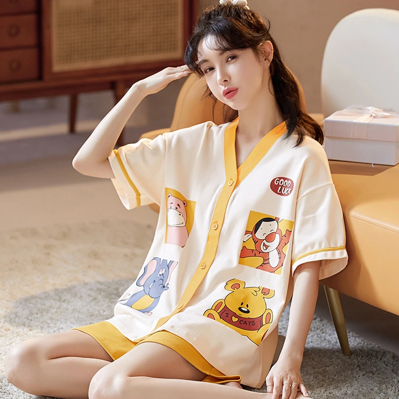 100%纯棉睡衣女夏开衫V领短袖短裤宽松家居服甜美女套装多款可选