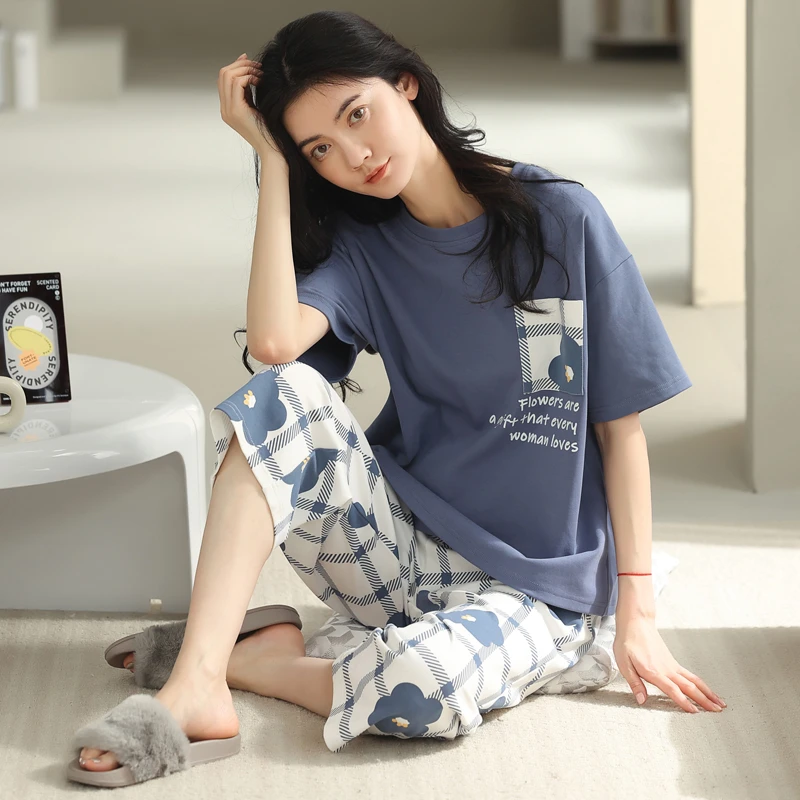 睡衣女夏短袖100%紧赛纯棉七分裤卡通可爱休闲韩版短裤套装家居服