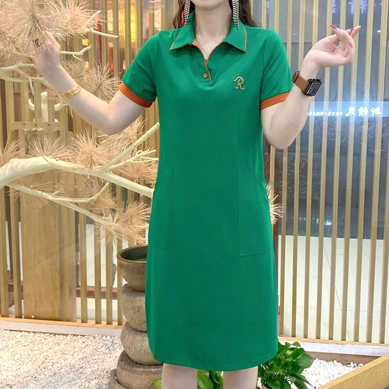 连衣裙夏季新款2025遮肚遮肉款POLO领刺绣字母上档次女装显瘦裙子