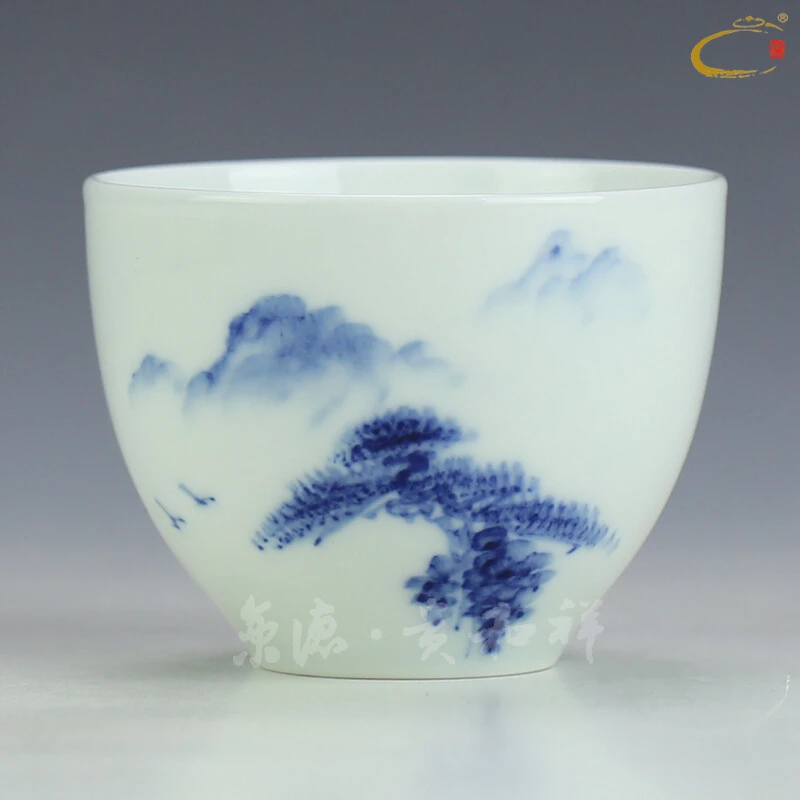 京德贵和祥手绘青花景德镇陶瓷大号品茗杯子苍松迎客功夫茶杯包邮