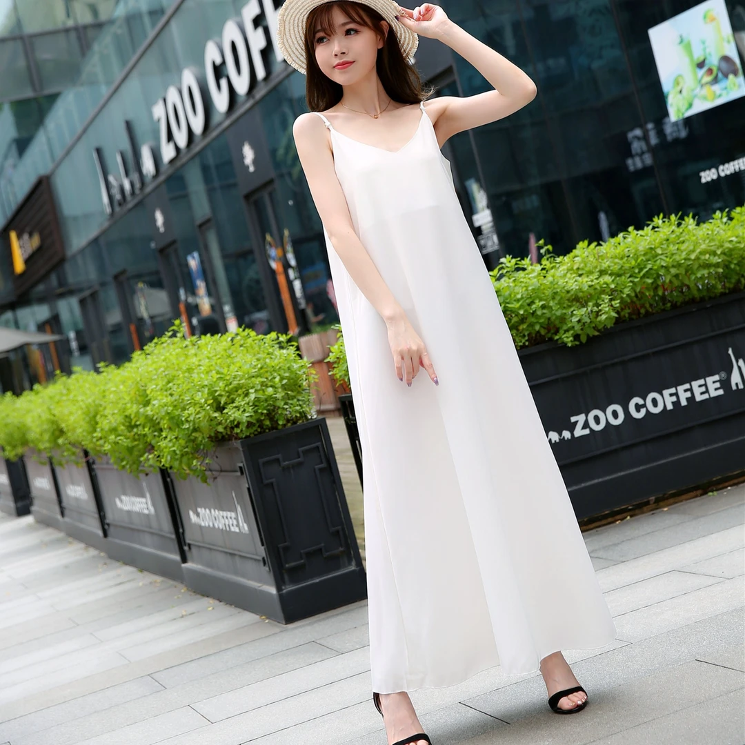 HANANHUA/韩岸花V领雪纺吊带裙中长款大码内搭衬裙打底长裙单层