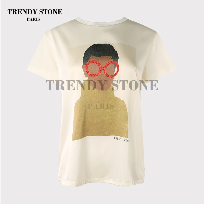 潮石新款真丝时尚彩色红钻印象人物印花T恤女士T41056470