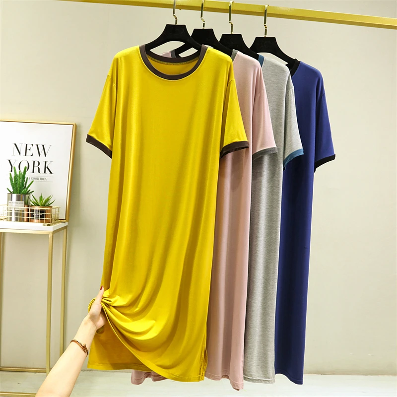 莫代尔短袖连衣裙女2025年夏季薄款睡裙外穿休闲大码圆领A字长裙