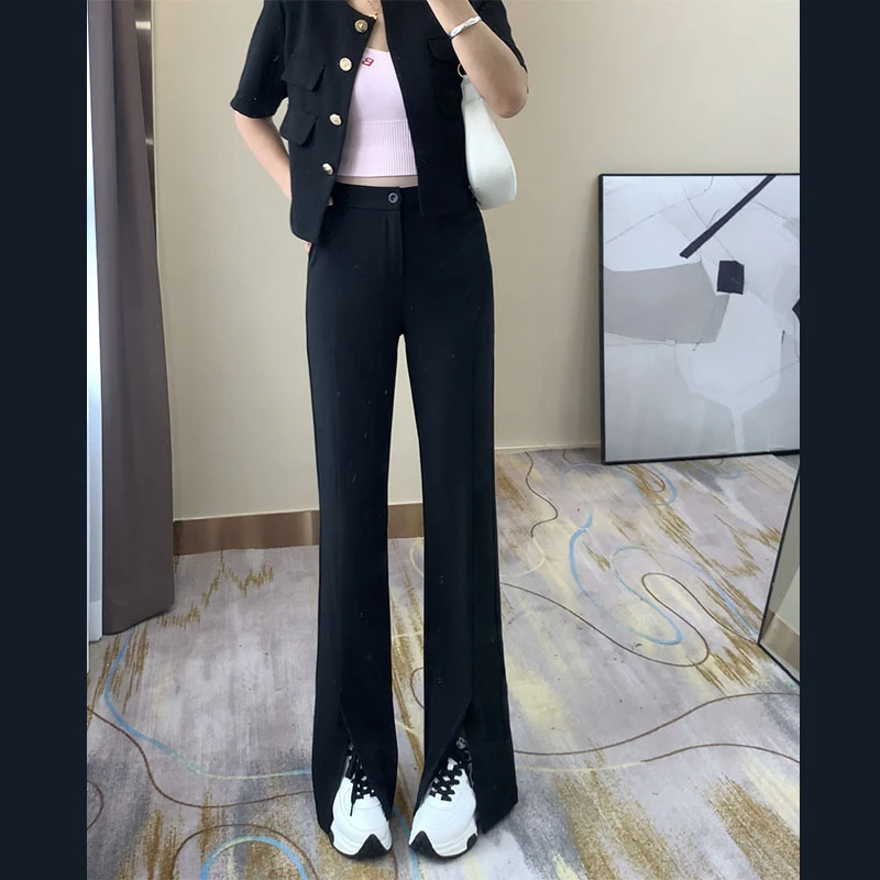 2024夏季开叉微喇裤女高腰微弹垂感休闲显瘦西装裤宽松直筒拖地裤