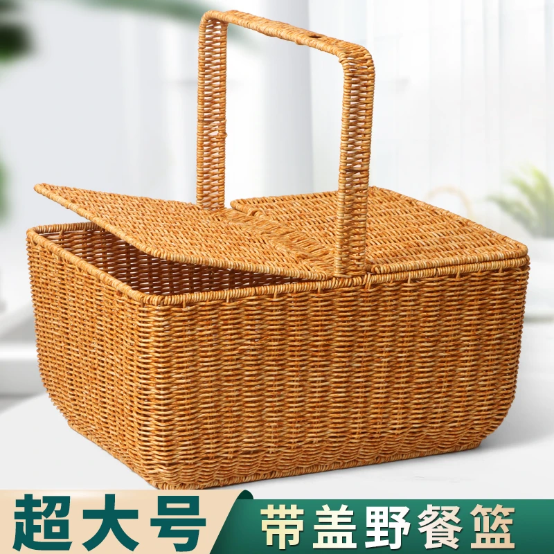 S31超大号提手方形带盖野餐篮手工仿藤篮购物篮菜篮篮子果蔬篮