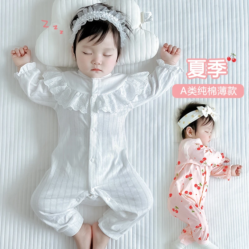 婴儿秋装女宝宝连体衣薄满月婴幼儿公主外出哈衣夏季薄款长袖衣服