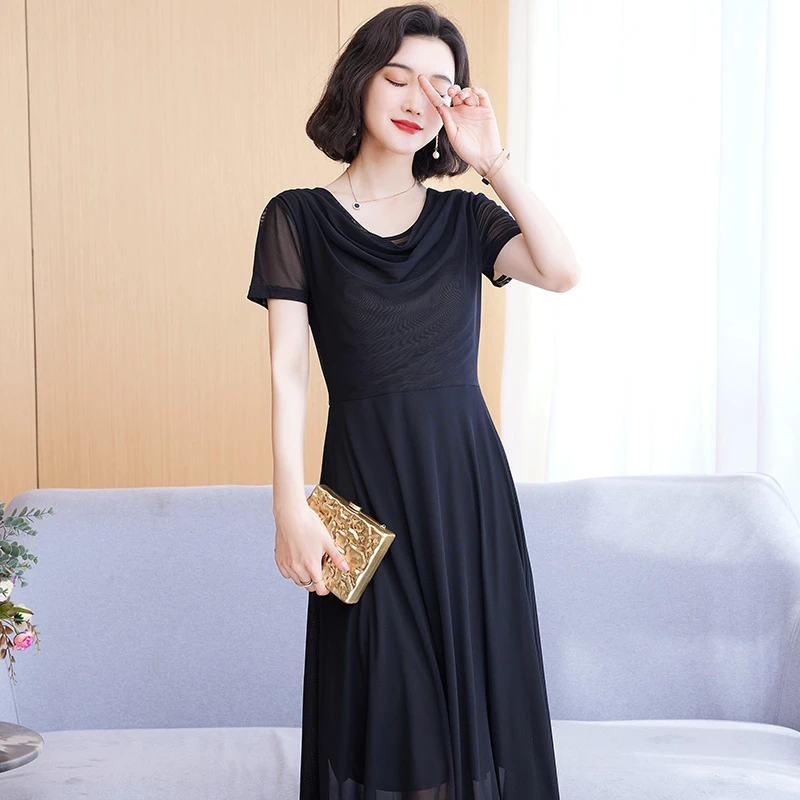 56778【C魅甄选】时尚气质网纱长袖连衣裙女2024新款显瘦长款长裙