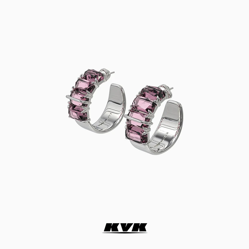 KVK 铜合金合成锆石耳饰 【杨幂同款】透明晶体桃花系列镶嵌环形耳h