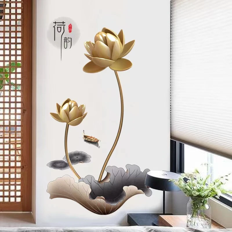 金莲荷花荷韵装饰画中国风墙贴玄关房门餐厅床头卧室背景 装饰贴