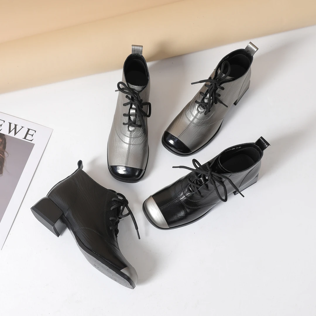 牛皮系带短靴女时尚英伦风拼色中跟粗跟真皮方头软底软皮3608-7