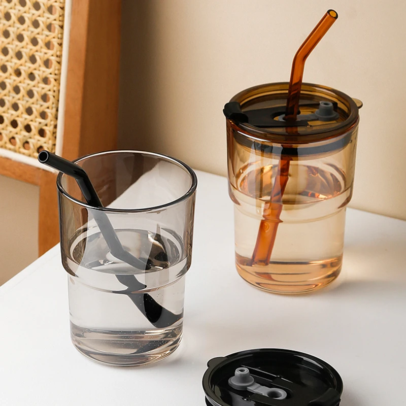 态生活北欧带盖杯套玻璃马克杯随行杯吸管杯便携高颜值水杯咖啡杯
