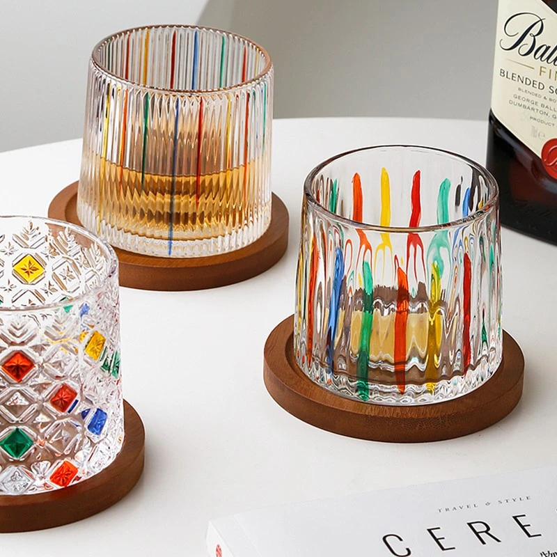 【态生活】ins风手绘透明色彩玻璃杯威士忌 加厚解压杯 旋转水杯