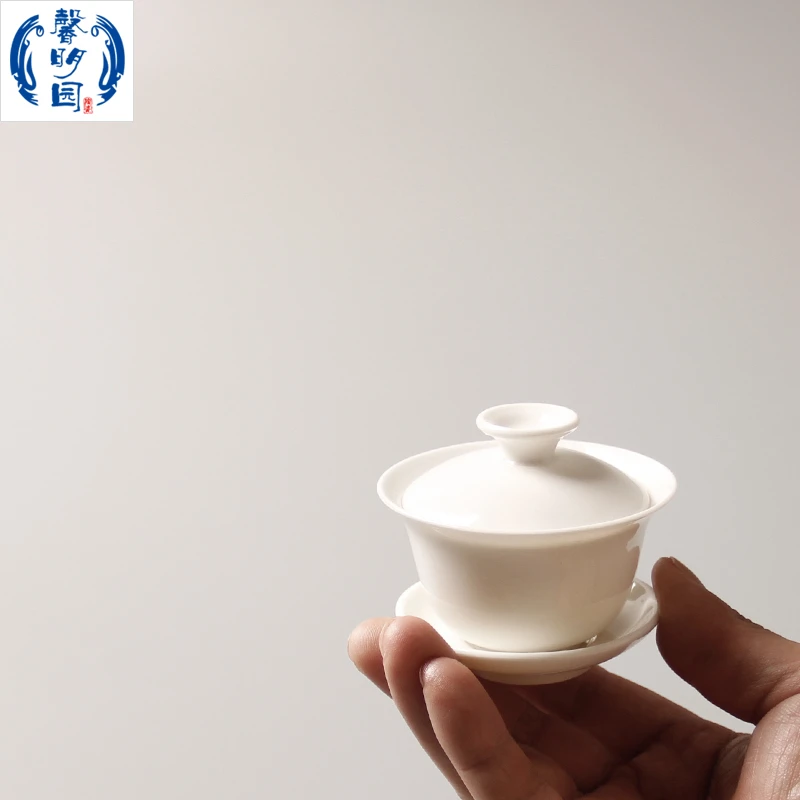 大埔馨明园陶瓷白瓷盖碗茶杯功夫茶具三才杯玉白敬茶泡茶碗大中小