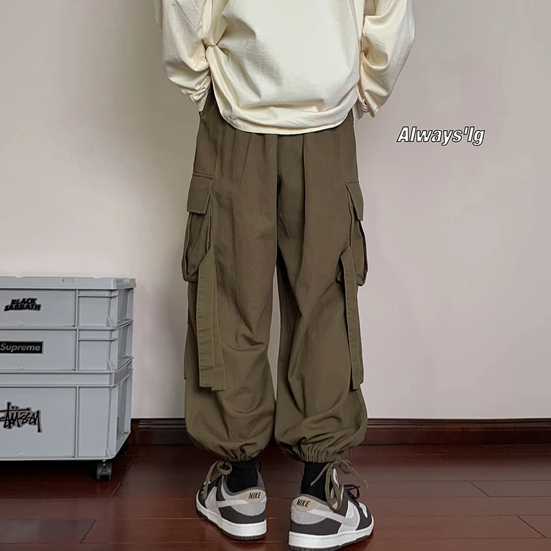 裤子男韩版潮流宽松直筒收脚九分抽绳潮牌ins个性工装嘻哈休闲裤