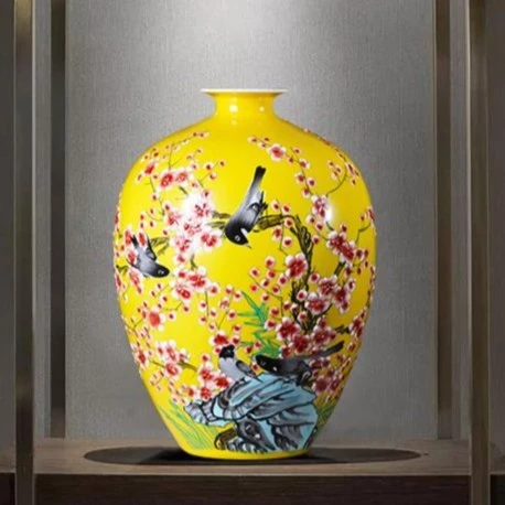 鸿轩景德镇陶瓷花瓶客厅玄关多宝阁摆件余海林喜上眉梢黄石榴瓶