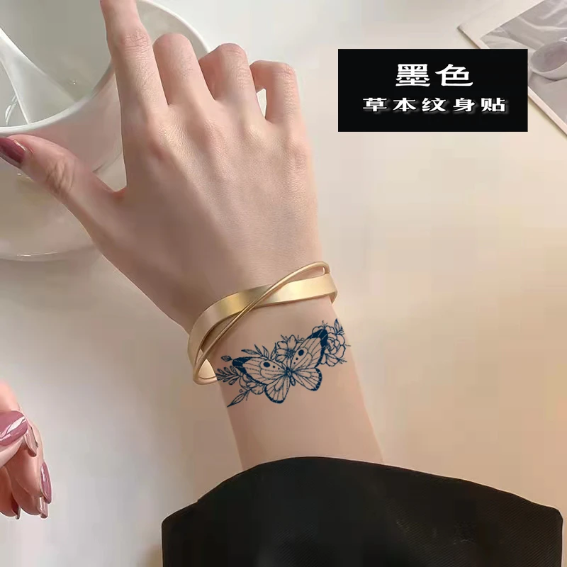 草本纹身贴手腕锁骨脚踝贴不反光防水持久纹身贴蝴蝶女神