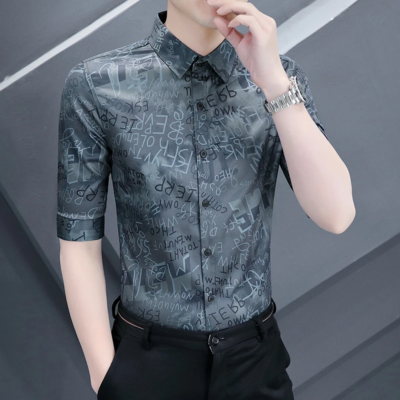 2025夏季男士新款韩版修身7分袖衬衫潮流时尚中袖休闲印花26803