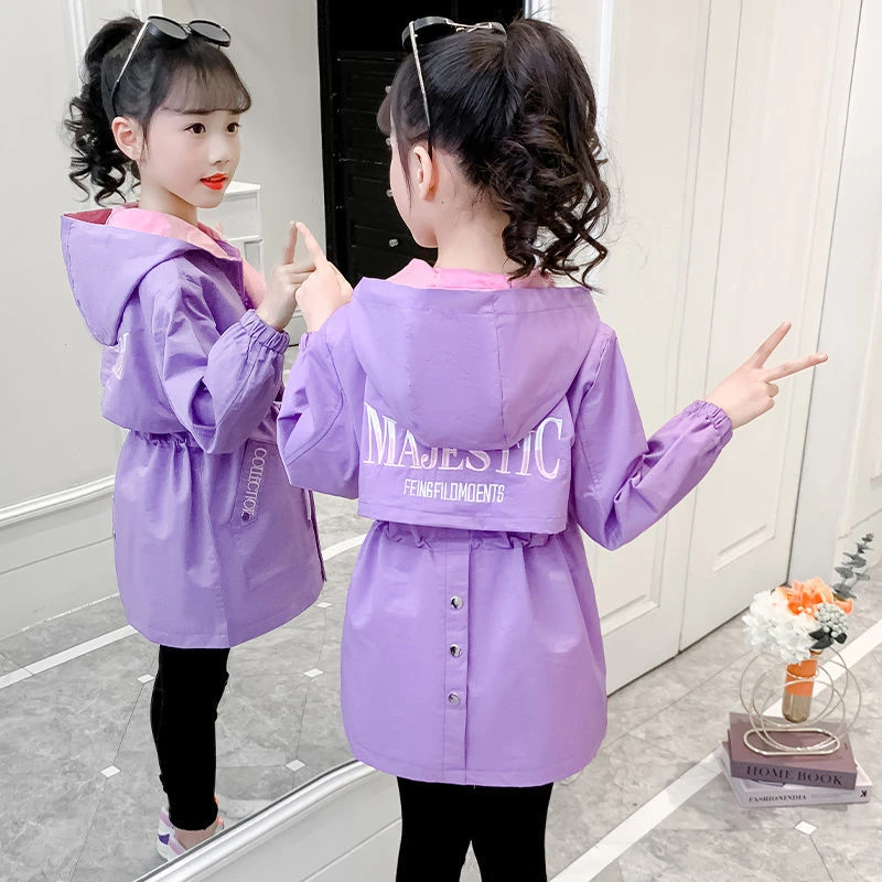 女童外套2024春季新款中大童连帽风衣外套中长款洋气女孩上衣春秋