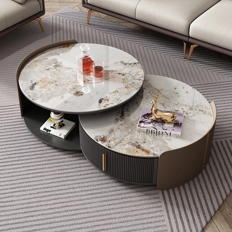 岩板茶几现代简约小户型客厅创意家用储物大小圆伸缩茶几组合地柜