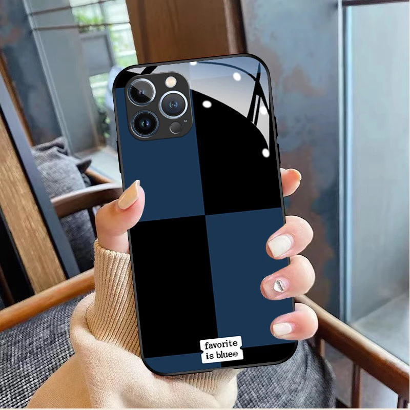 苹果华为VIVO小米OPPO套简约个性蓝色格纹女款网红创意玻璃手机壳