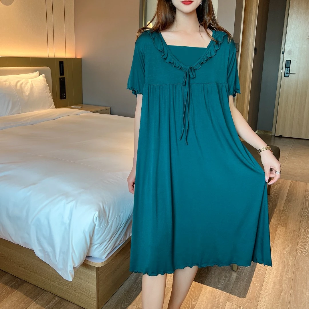 连衣裙女夏莫代尔短袖长裙外穿大码宽松胖mma字裙薄款韩版大摆裙